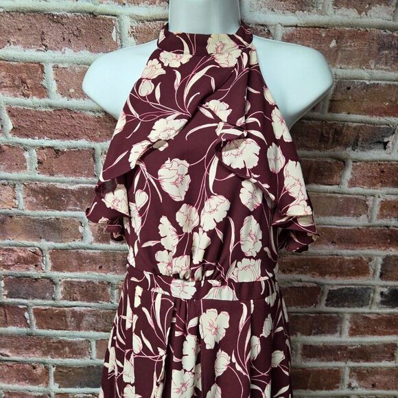 Lauren Conrad Runway Dress 4 | Maroon Floral Halter Neck Midi Coquette Chic - Picture 3 of 7